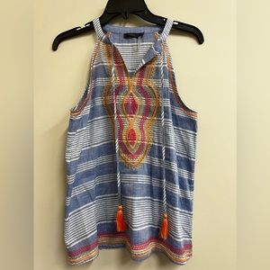 THML Anthropologie Blue and White Stripe Tank With Red and Orange Embroidery